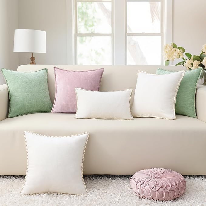decorUhome Chenille Soft Throw Pillow Covers 16x16 Set of 2, Farmhouse Velvet Neutral Decorative Euro Pillow Covers with Stitched Edge for Couch Sofa Bed Home Decor, Blush Pink