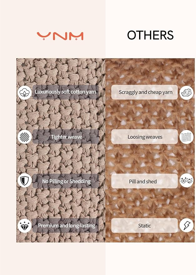 YnM Chunky Cotton Knit Throw Blanket, Cable Knit Throws for Bed Couch Sofa, Comfy & Relaxing, Decorative Piece for Farmhouse Modern Boho Rustic Scandinavian Chic Vibe, Beige 60x80 Inches