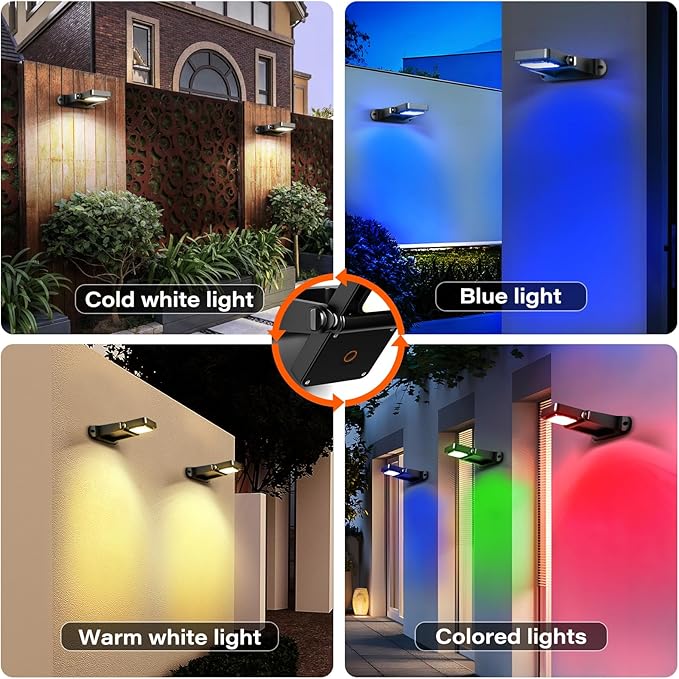 200LM Solar Wall Lights Outdoor 6 Colors, 2200mAh Long Lasting Solar Powered Deck Lights, 360° Adjustable Porch Light IP65 Waterproof, Glass Panel Fence Light for Gutter, Step, 2 Pack