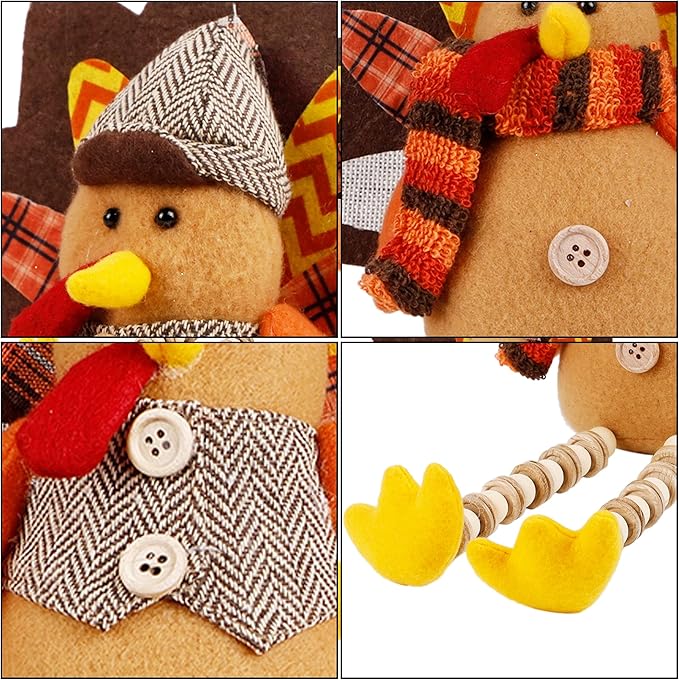 winemana Thanksgiving Decorations Set of 2 Turkeys with Dangling Legs, Mr and Mrs Turkey Couple Plush Tabletop Centerpieces for Fall Harvest Home Kitchen Shelf