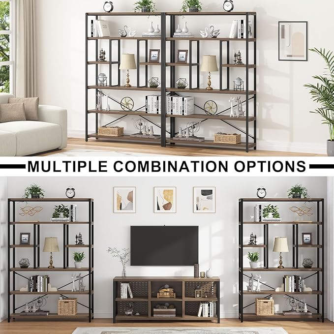 LVB Tall Industrial Etagere Bookcase, Modern Wood Large Open 6 Tier Bookshelf, Vintage Wide Metal Book Shelf Organizer, Farmhouse Book Shelves for Bedroom Living Room Home Office Storage, Rustic Oak