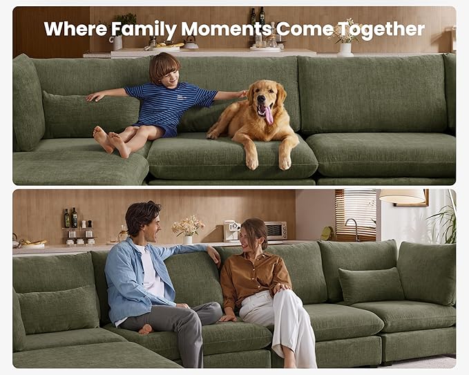 Oversized Modular Sofa, Extra Deep Cloud Chenille Sectional Couch with Ottoman Chaise, Fluffy Chenille Corner V Shape Sofa for Living Room, Villa (Corner V Shape+Ottoman, Chenille Green)
