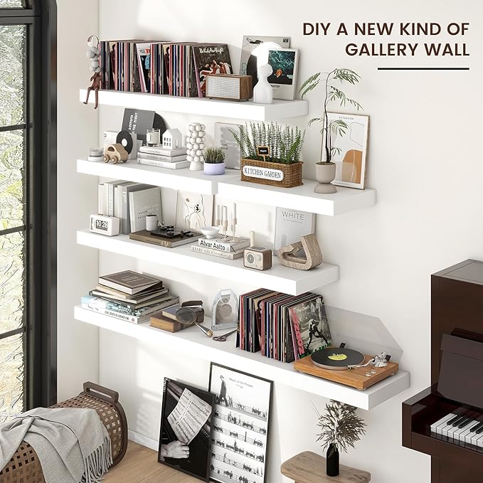 Floating Shelves for Wall, 2 Large Wall Mounted Shelves with Invisible Brackets, Long Wood Floating Wall Shelf Shelves for Living Room, Bedroom, Kitchen, (White, 48" W x 9" D x 1.5" H)