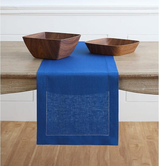Solino Home Linen Royal Blue Table Runner 60 Inches - Classic Hemstitch, 100% Pure Linen Coffee Table Runner 14 x 60 Inch Ideal for Dresser Tables