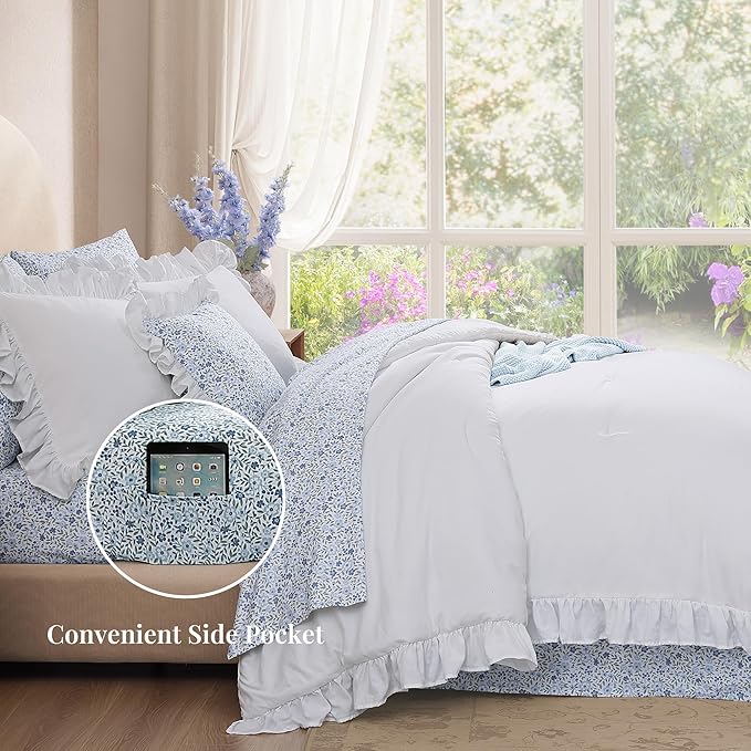 Twin XL Comforter Set - 5 Pieces Ruffle White Bedding Sets, Shabby Chic Farmhouse Bed in a Bag Twin XL with Ruffle Comforter, Floral Sheets, Pillowcases & Shams