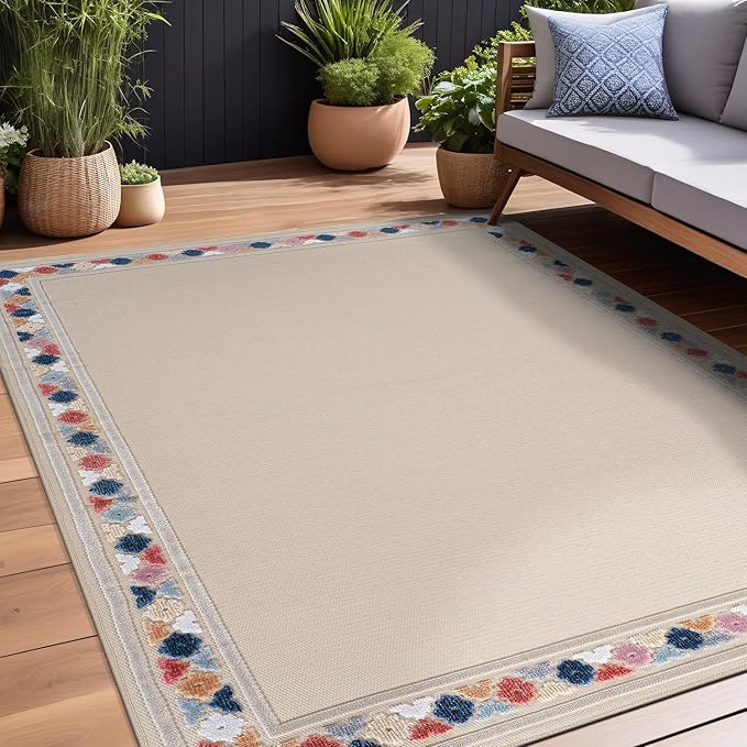 Beverly Rug Outdoor Rug 9x12 Modern Bordered Large Area Rugs for Indoor and Outdoor Patio Easy to Clean Non Shedding Living Room Porch Garden Washable Outside Carpet (9 x 12 Beige)