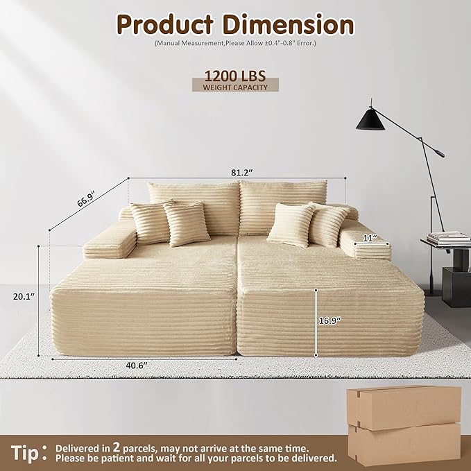 ovios 81" Oversized Sectional Double Lounge Chaise with Cloud Plush Sofa Bed, No Assembly Required, Fluffy Modern Sleeper Loveseat Chair for Indoor Living Room Bedroom Reading, Beige (Plush Fabric)