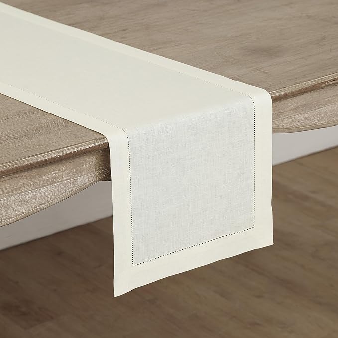 Solino Home Linen Ivory Table Runner 108 Inches Long - 100% Pure Linen 14 x 108 Inch Table Runner for Fall, Autumn, Thanksgiving - Classic Hemstitch