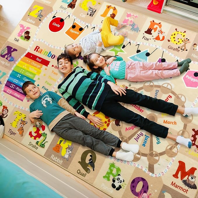 6x9 Playroom Rugs for Kids Washable, Educational and Fun Playmat with ABC Alphabet Animals Shapes Colors, Non-Slip Play Mat Learning Rugs for Baby Toddler Children Game Activity，Beige, Pink