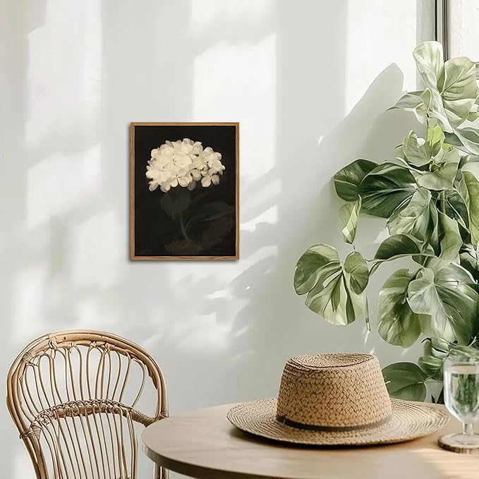 Framed Wall Art for Living Room – Vintage White Hydrangea Oil Painting Canvas Prints, Aesthetic Bedroom Wall Art, Kitchen Decor for Shelves, Bathroom Office Artwork Wall Decor – 8x10in