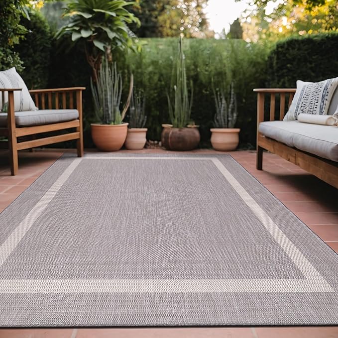 Bordered Outdoor Rug 5x7 Washable Outside Carpet for Indoor Patio Porch Waterproof Easy Cleaning Non Shedding Area Rugs Gray 5 x 7