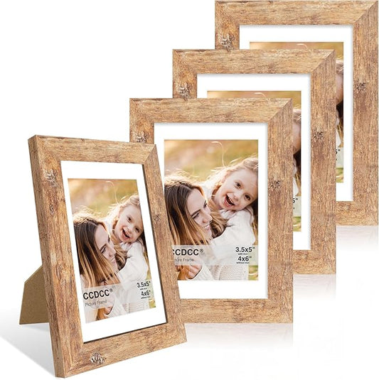 4x6 Picture Frame Set of 4, 4 x 6 Wood Photo Frames with Mat for 3.5x5, Natural Wooden Frame with Real Glass Cover for Wall and Tabletop Display,Brown