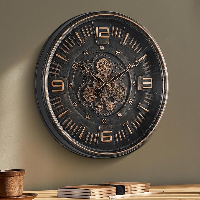 20in Large Real Moving Gears Wall Clock for Living Room, Battery Operated Wall Clocks Decorative Vintage, Home Office Clock, Gift for Family, Friends