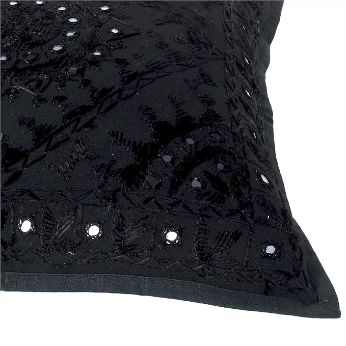 Eyes of India Embroidered Decorative Boho Throw Pillow Cover with Mirrors, Handmade Bohemian Accent Cushion Case for Sofa Couch Bedroom Living Room (Black, 24" x 24")