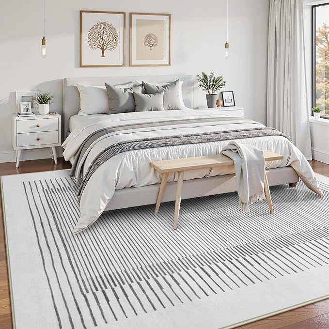 Wonnitar Washable Striped 8x10 Rugs for Living Room, Non-Slip Soft Grey Berber Stripe Bedroom Rug, Low Pile Minimalist Floor Carpet for Dining Room Living Room Office Department (Grey, 8' x 10')