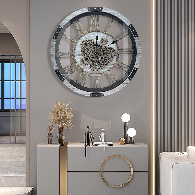 DORBOKER 30" Original Moving Gears Wall Clock, Large Industrial Wall Clock for Living Room Decor, Solid Wood Vintage Farmhouse Steampunk Rustic Clocks for Wall Decor,Silver Grey