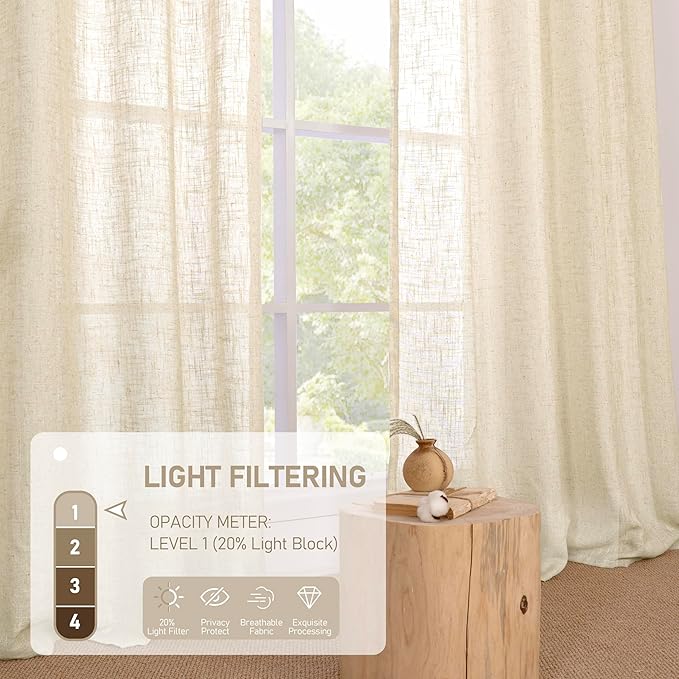 LAMIT Semi Sheer Linen Curtains for Living Room, 80 Inch Length, Light Filtering Panels Bronze Grommet Faux Linen Textured Window Drapes for Bedroom/Porch, Beige, 52 x 80 Inch, 2 Panels