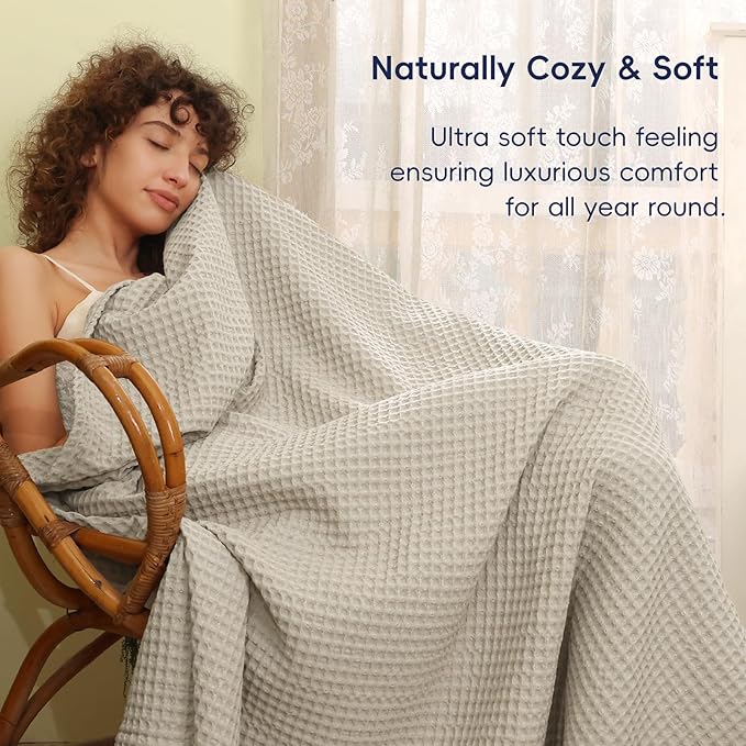 PHF Ultra Soft Waffle Weave Blanket King Size 104"x 90"- Washed Lightweight Breathable Cozy Woven Blanket for Bed - Aesthetic Decor for Couch Bedding Sofa Home Car - Light Khaki/Linen