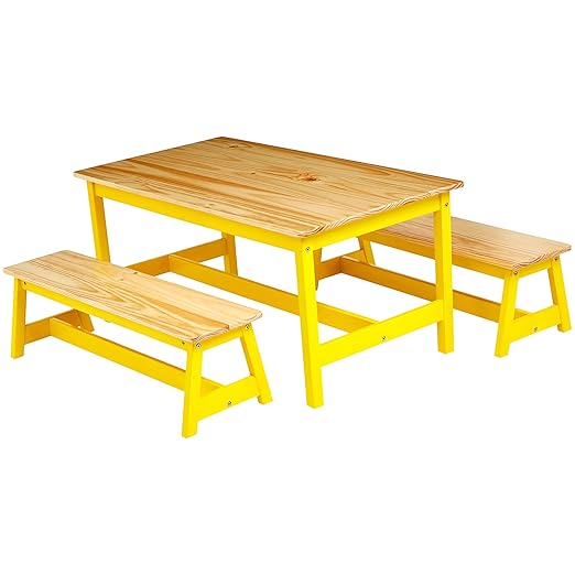 Amazon Basics Indoor Kids Table and Bench Set, Natural, solid pine wood, 3 Count (Pack of 1), Wood Activity Table for Art, Craft, Reading, Learning