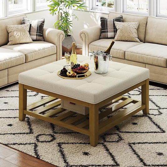 Large Square Ottoman Coffee Table, Linen Solid Upholstered Footrest Ottoman with Solid Wood Shelf Storage Tufted Coffee Table for Bedroom Living Room, Ivory