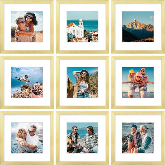 Vittanly 12x12 Picture Frames Set of 9, Shatter Resistant Plexiglass, Display 8x8 Pictures with Mat or 12x12 without Mat, Photo Frames for Wall Mount, Engineered Wood, Gold