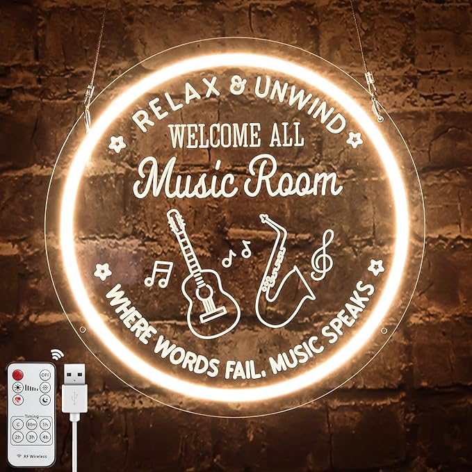 Live Music Neon Sign for Music Studio, Guitar LED Light Up Signs for Wall Decor, 3D Art Dimmable Neon Light USB for Bedroom Game Room Man Cave Party Aesthetics Decor, 12x12 Inch