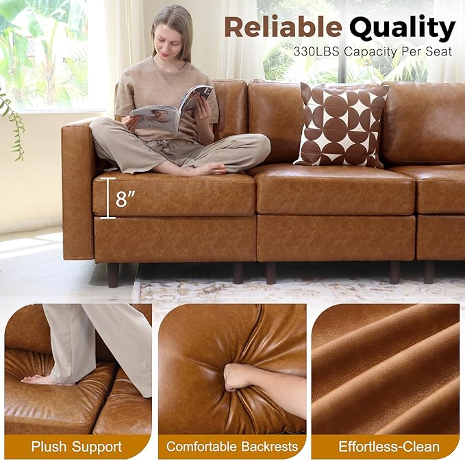 ABCASA 118.5" Oversized Modular Sectional Sofa, Faux Leather 6 Seater U Shaped Couch with Movable Ottoman and Storage Seat with Reversible Chaise Deep Seat for Living Room Brown