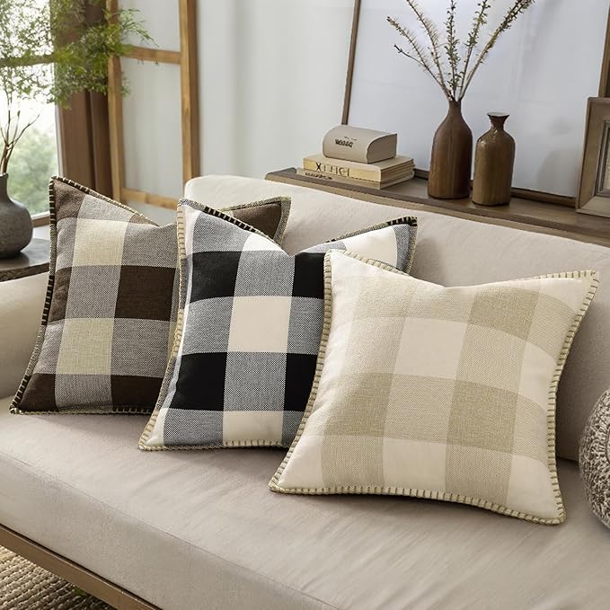 decorUhome Buffalo Plaid Check Throw Pillow Covers 22x22 Set of 2, Outdoor Decorative Farmhouse Neutral Pillow Covers with Stitched Edge for Bed Couch Sofa, Brown and Beige