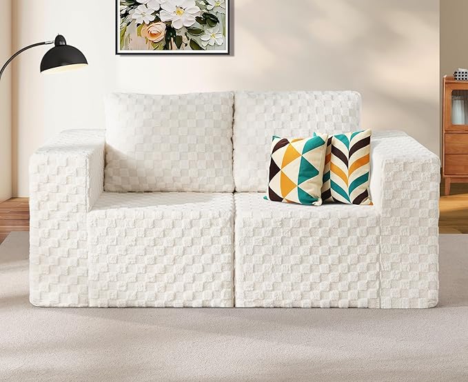 Modular Sectional Sofa 2 Seater Loveseat Modular Couch with Deep Seat Memory Foam Cloud Chair with Pillows Oversized Sectional Sofa for Living Room Bedroom (Plush White, Loveseat)