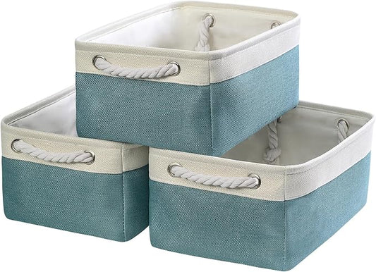 TheWarmHome Fabric Storage Bins Baskets for Organizing,Sturdy Storage Basket W/Handles, Decorative Foldable Storage Baskets for Shelves Closet Nursery Toy (White&Teal, Medium - 3 Pack)
