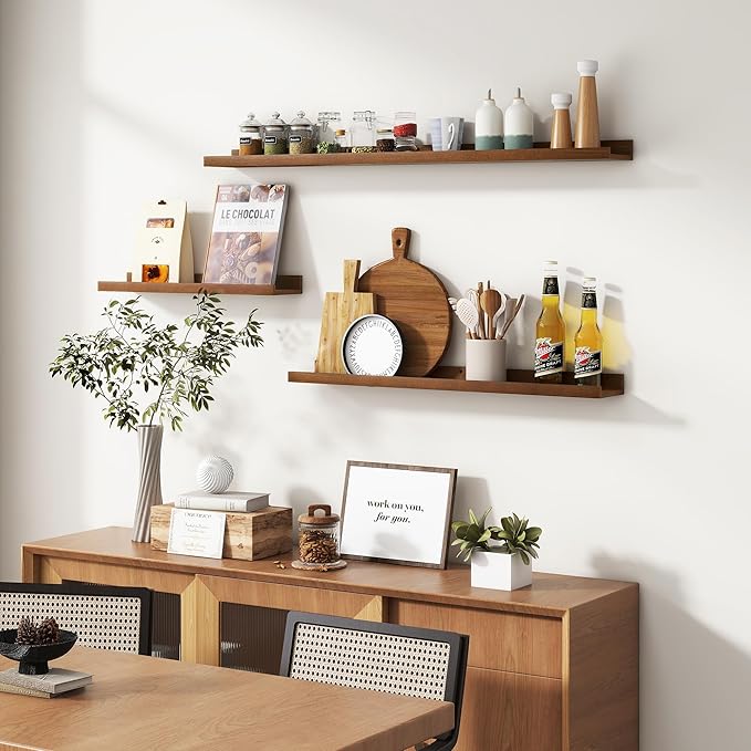 Picture Ledge Wall Shelves 56 inches Width Set of 3, Solid Pine Wood Rustic Floating Ledge Shelves for Wall for Kids' Room Bedroom Kitchen Bathroom Long Floating Shelves for Wall Decor, Walnut