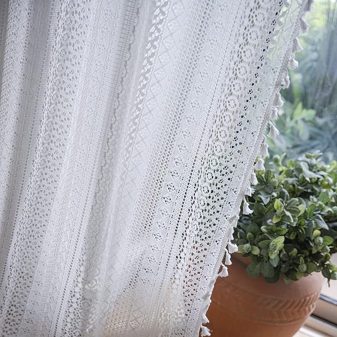 Sutuo Home White Crochet Boho Curtains 63 Inches Length, Sheer Lace Handmade Tassels Knitted Window Treatment Vintage Rustic Bohemian Farmhouse Drape for Bedroom Rod Pocket 1 Panel 59" W x 63" L