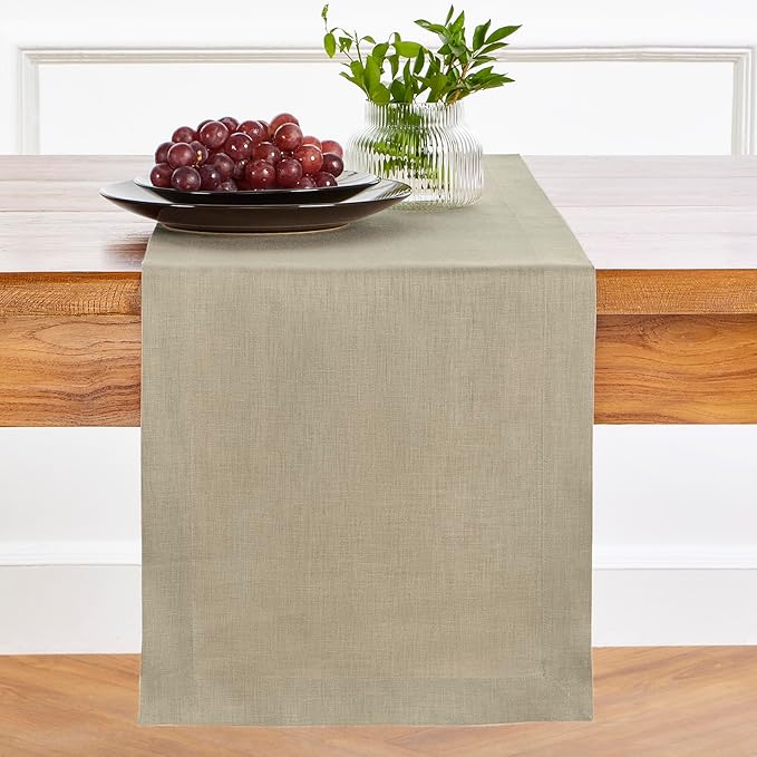 Solino Home Linen Table Runner 36 Inches - 100% Pure Linen Vintage Khaki Table Runner 14 x 36 Inch Ideal for Dresser and Coffee Tables - Fall, Autumn, Thanksgiving - Fete