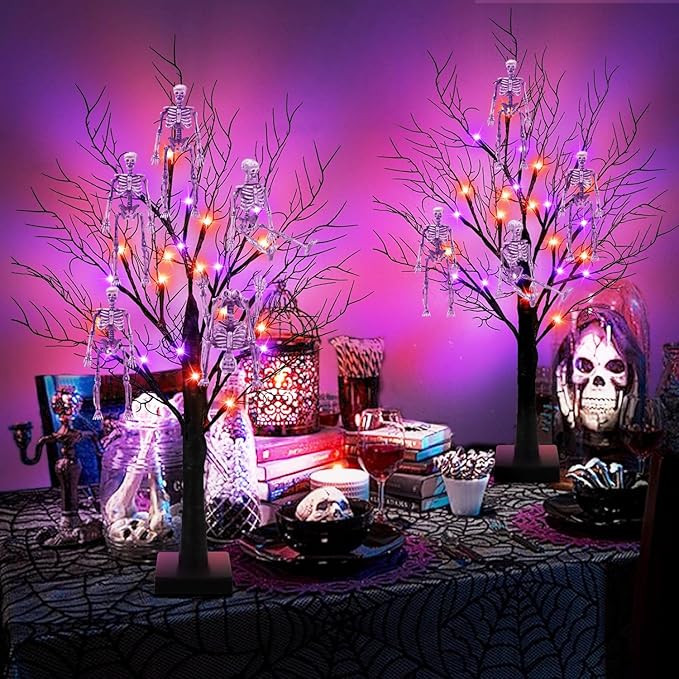 24 Pcs mini skeleton halloween decoration With hemp rope，6”small plastic posable halloween tiny skeleton figurines decor for Halloween Indoor Outdoor Graveyard Decor Haunted House Party Favors