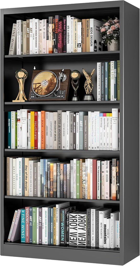 66" Tall Metal Bookcase, 5 Shelf Black Bookcase with Adjustable Shelves, Large Bookshelves and Bookcases, Modern Book Shelf Storage Organizer for Living Room, Home Office, Library (Black)