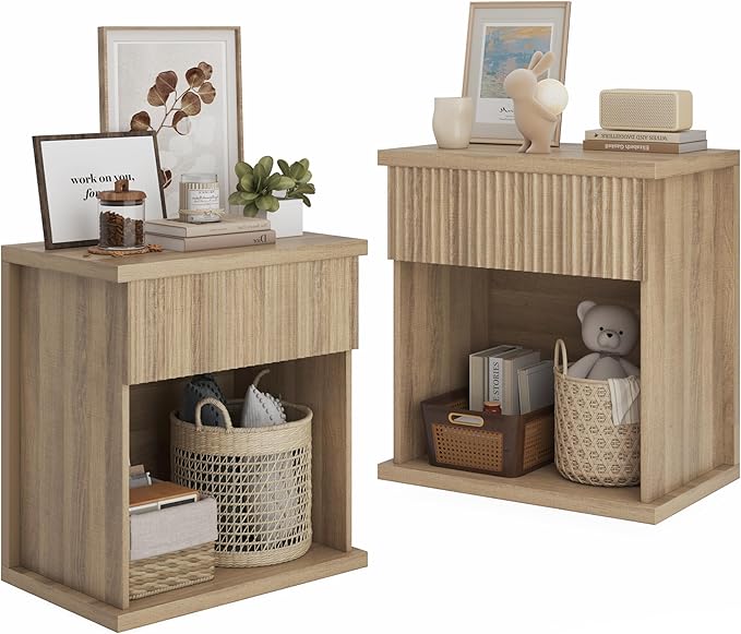 Fluted Nightstand Set of 2, 22.8" Wide Nightstands with Drawer Storage Large Wood BedsideTable Night Stands for Bedroom, Natural Oak