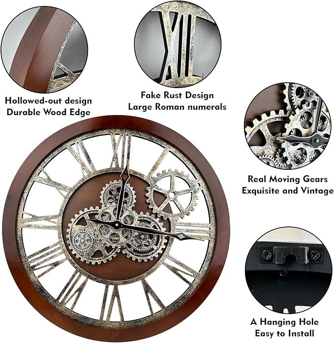 The B-Style Large Wall Clock 24 inch Moving Gear Wall Clock Oversized Vintage Farmhouse Wall Clocks for Living Room Decor Rustic Industrial Wood Clock (Black walunt Wood and Bronze)