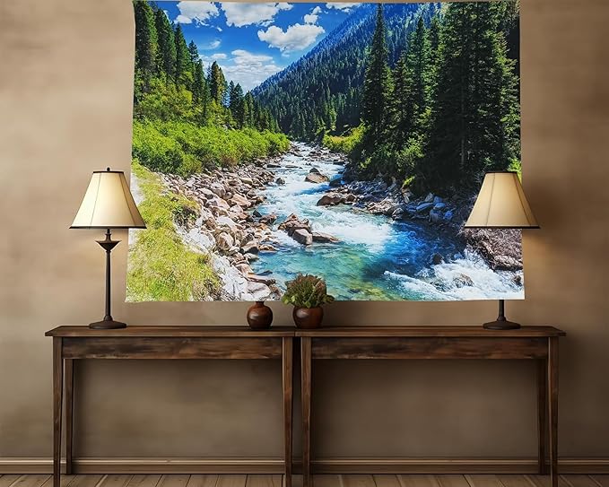 Nature Forest Mountain Tapestry Green Pine Tree Stream Tapestry White Clouds Flowing River Valley Landscape Scenery Tapestries Wall Hanging for Bedroom Dorm Living Room Office Classroom 80 x 60 Inch