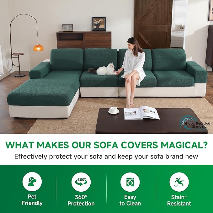 Couch Cushion Covers for Sectional Sofa, Stretch Soft Sofa Slipcovers Washable Wear-Resistant Universal Furniture Protector for Living Room(1 Piece Chaise Cover, Green)