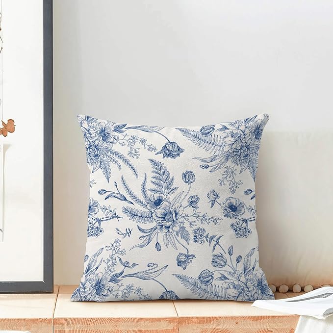 CXMEIFLY Spring Floral Leaves Pillow Covers 22 x 22 Inch Set of 2 for Chinoiserie Flowers Decor Throw Pillows Blue and White Seasonal Plant Outdoor Decorative Cushion Cases for Couch Bed Decorations