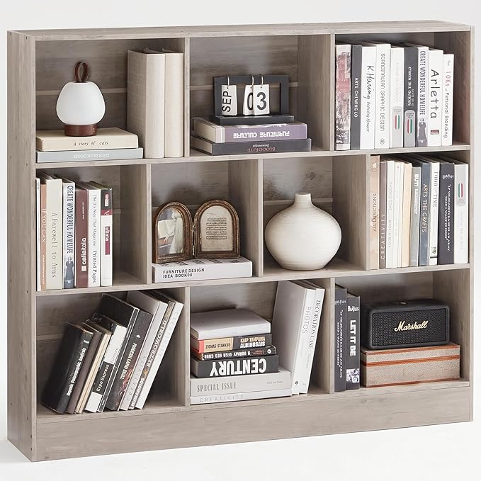 LEYAOYAO 10 Cube Bookshelf with Base,3 Tier Mid-Century Modern Grey Bookcase,Standing Wide Bookshelves Storage Organizer Shelf,Rustic Wood Display Cabinet Book Shelves for Bedroom,Living Room,Office