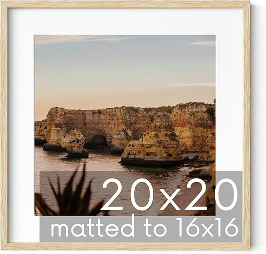 HAUS AND HUES Solid Oak 20”x20” Picture Frame Matted to 16”x16” - 20x20 Square Photo Frame, Beige 20x20 Picture Frame with Mat, 20 x 20 Frame Picture Frames for Wall (Beige Oak Frame)