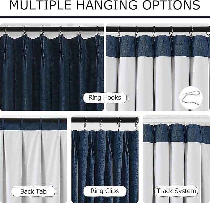 Vision Home Navy Blue Pinch Pleated Full Blackout Curtains Linen Blended Room Darkening Curtain Panels 63 inch for Living Room Bedroom Thermal Insulated Pinch Pleat Drapes with Hooks 40" Wx63 Lx2