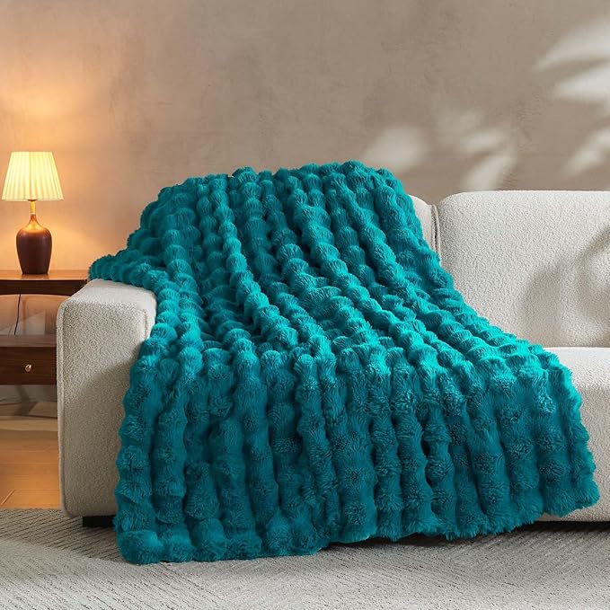 Lotus Karen Faux Fur Throw Blanket Teal - Big Bubble Rabbit Fluff Blanket for Couch Bed Sofa,Softest Fluffy Fuzzy Cozy Blanket,Thick Furry Plush Shaggy Warm Blankets for Women,60x80 Inches