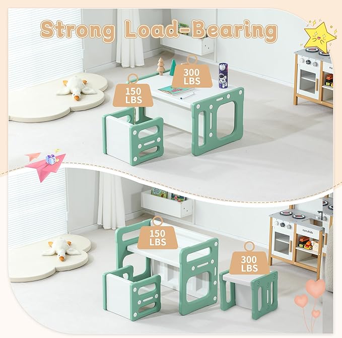 3 in 1 Montessori Weaning Table and 2 Chairs Set, Kids Activity Table Set, 2 Height Levels, Toddlers Activity Table for Drawing, Dining, Reading and Playing, Green