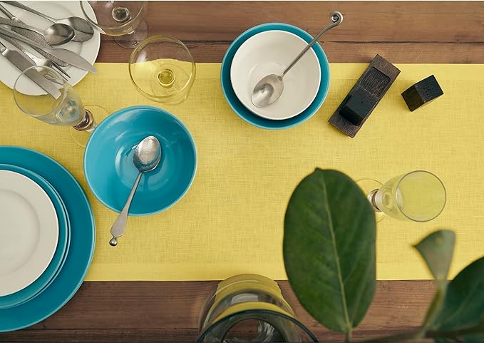 Solino Home Linen Sunshine Yellow Table Runner 60 Inches - 100% Pure Linen Farmhouse Short Table Runner 14 x 60 Inch Ideal for Dresser and Coffee Tables - Fete