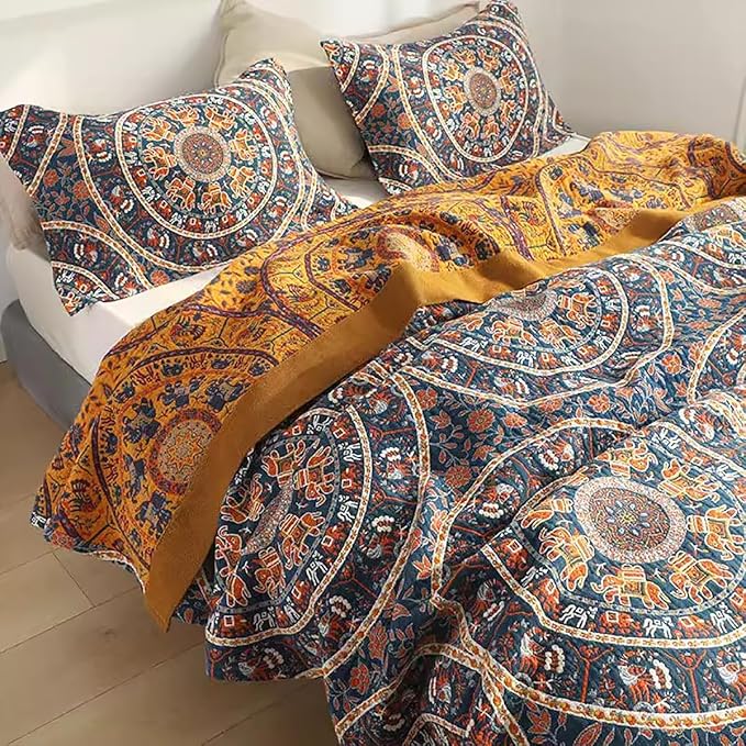 Boho Muslin Blanket for Adults 4-Layer Gauze 80 x 90 Inches Soft Cozy 100% Cotton Summer Cooling Blanket Circle Geometric Decor for Sofa Bed Coverlet Both Sides (A Luck Wheel, 80 x 90 in)