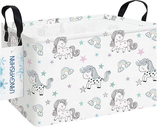 LANGYASHAN Rectangular Storage Bin Collapse Canvas Fabric Cartoon Storage Basket with Handles for Organizing Home Kitchen Boys and Girls Toys Office Closet Shelf Baskets (Rec Rainbow Unicorn)