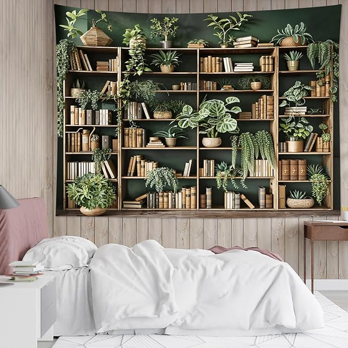 HVEST Green Plant Bookshelf Tapestry Book on Bookshelf and Plant Potted Tapestry Wall Hanging Reading Wall Tapestries for Study Room Bedroom Living Room College Dorm Decor, 51L x 59W Inches