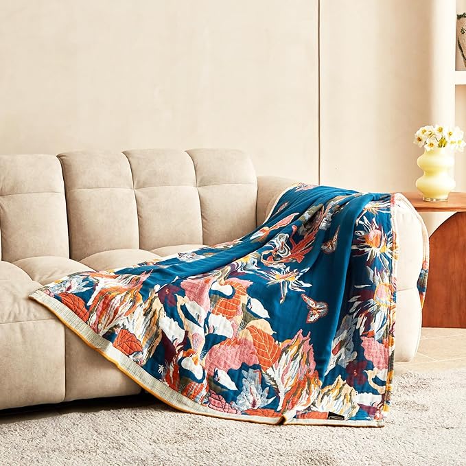 MSGKV Boho Throw Blanket for Couch and Sofa Cotton Cover for Living Room Floral Throw Cozy Blankets (D-Flower and Butterfly, 50" x 60"(Throw))
